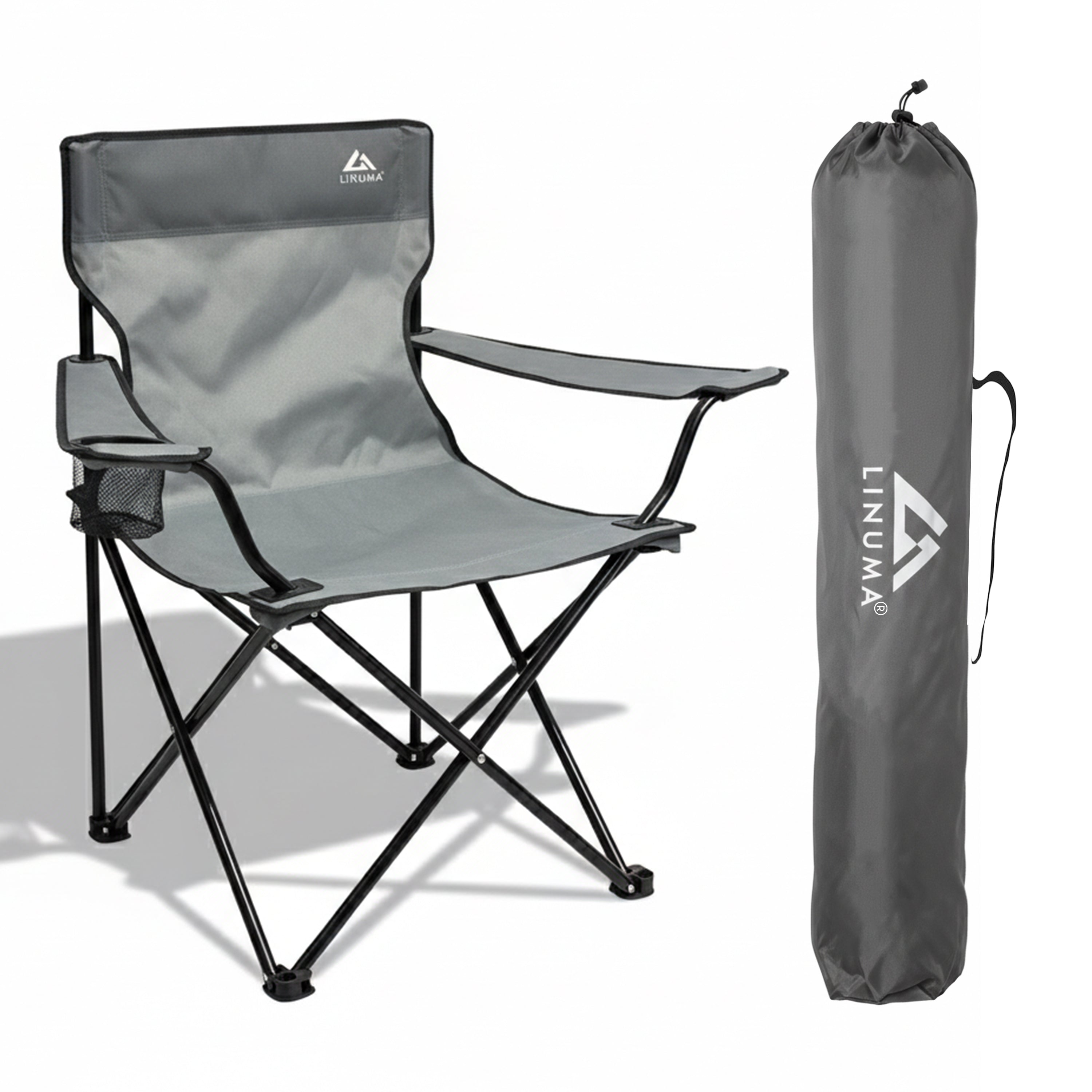 LINUMA® Faltstuhl GRAU Campingstuhl Anglerstuhl mit Getränkehalter