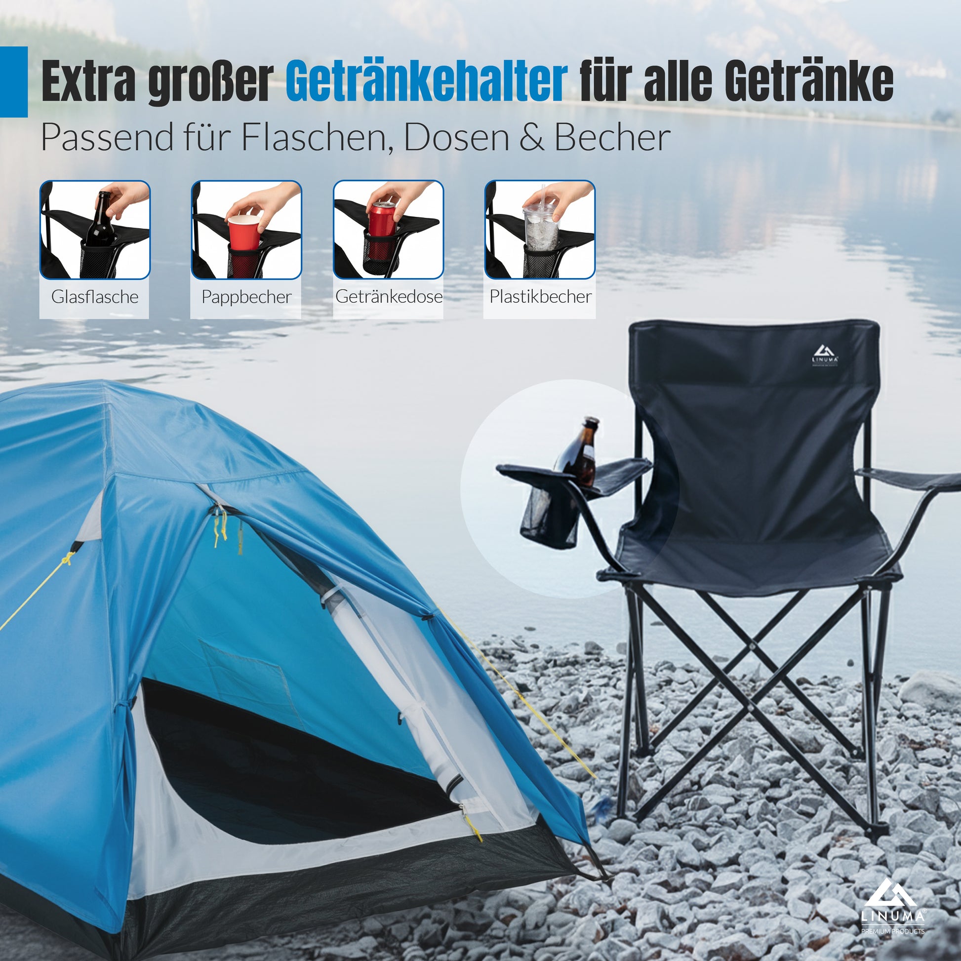 LINUMA® Faltstuhl SCHWARZ Campingstuhl Anglerstuhl mit Getränkehalter & Tragetasche - Anglersessel klappbar
