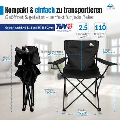 lallemand campingstühle LINUMA® Faltstuhl SCHWARZ Campingstuhl Anglerstuhl mit Getränkehalter & Tragetasche - Anglersessel klappbar