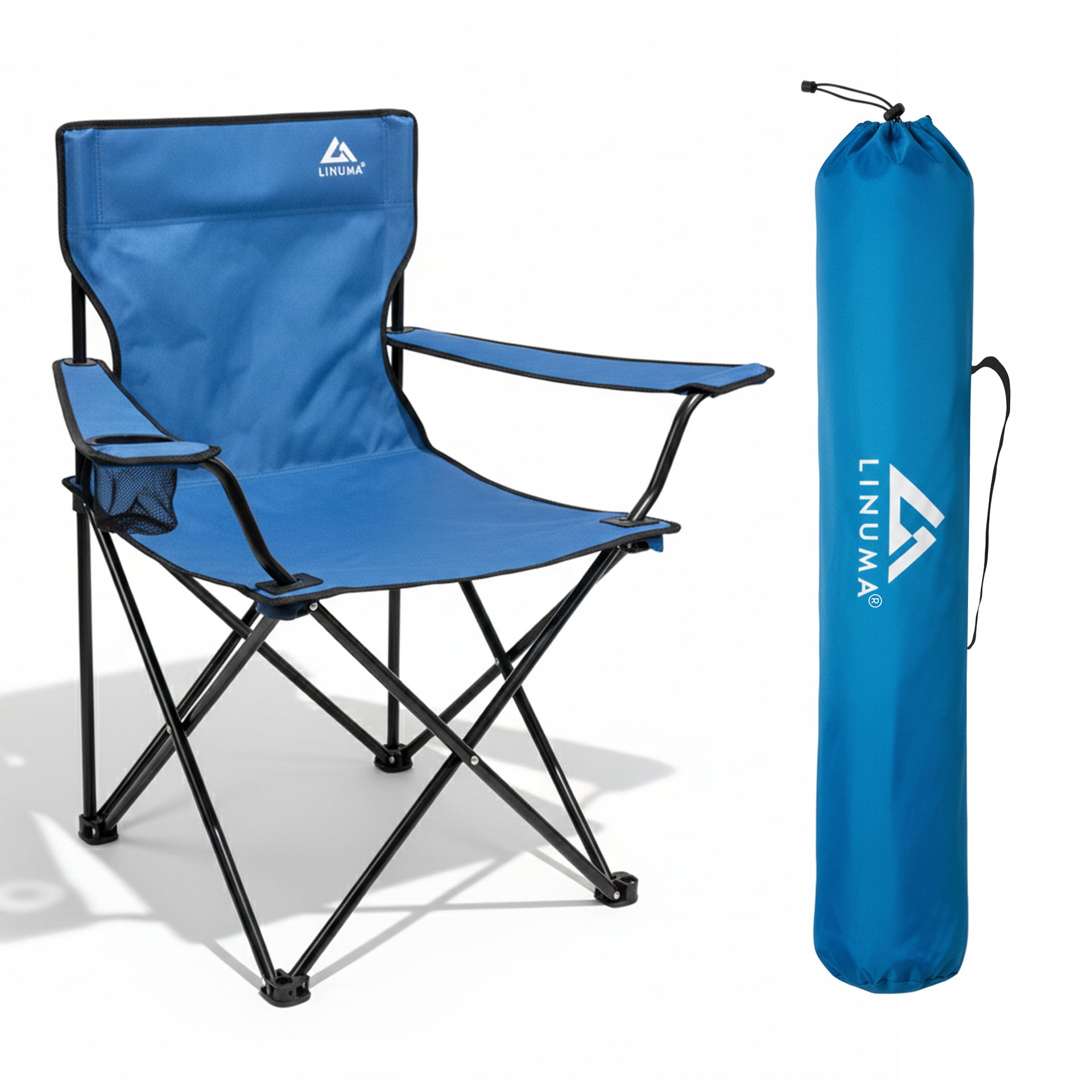 LINUMA® Faltstuhl BLAU Campingstuhl Anglerstuhl mit Getränkehalter &  Tragetasche - Anglersessel klappbar