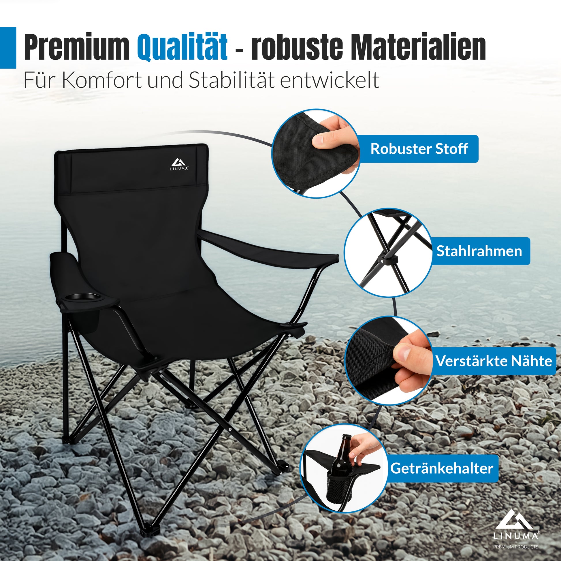 atu campingstuhl LINUMA® Faltstuhl SCHWARZ Campingstuhl Anglerstuhl mit Getränkehalter & Tragetasche - Anglersessel klappbar
